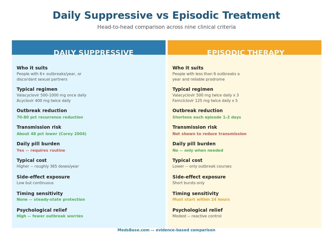 Daily suppressive vs episodic herpes antiviral treatment comparison chart across nine clinical criteria