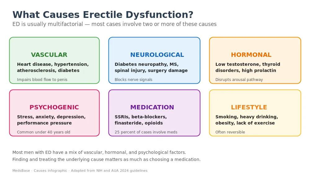 Six main causes of erectile dysfunction β vascular, neurological, hormonal, psychogenic, medication, lifestyle
