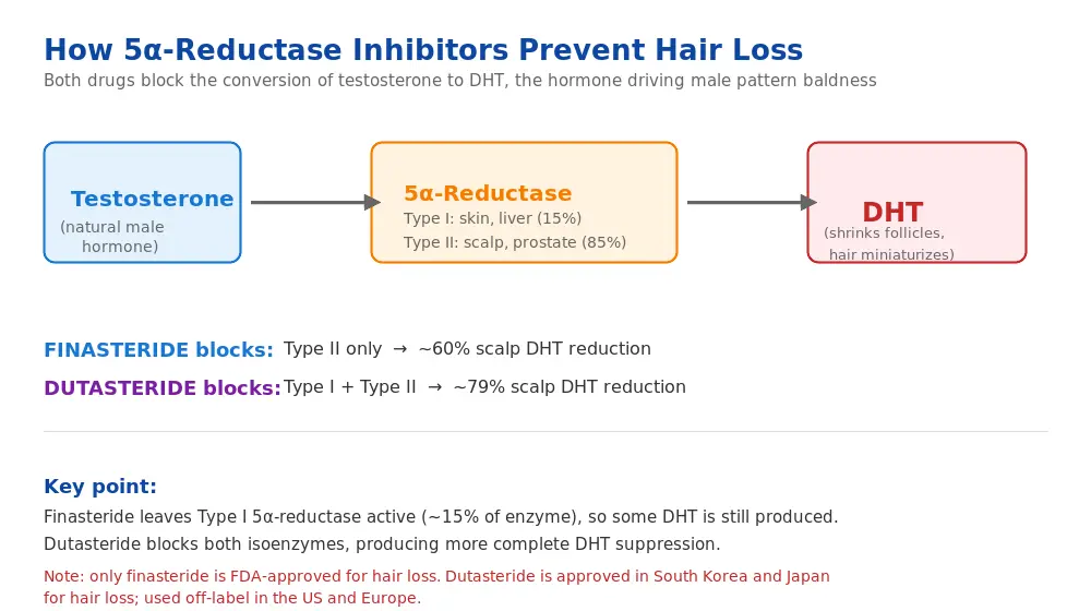 Diagram showing how finasteride blocks Type II 5-alpha-reductase while dutasteride blocks Type I and Type II