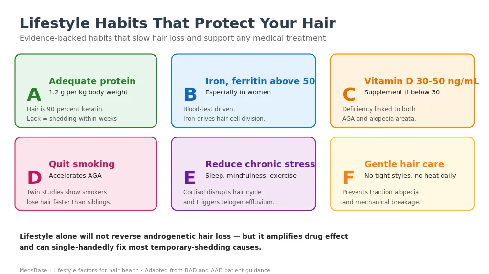Lifestyle habits to protect hair — protein, iron, vitamin D, quit smoking, stress, gentle hair care