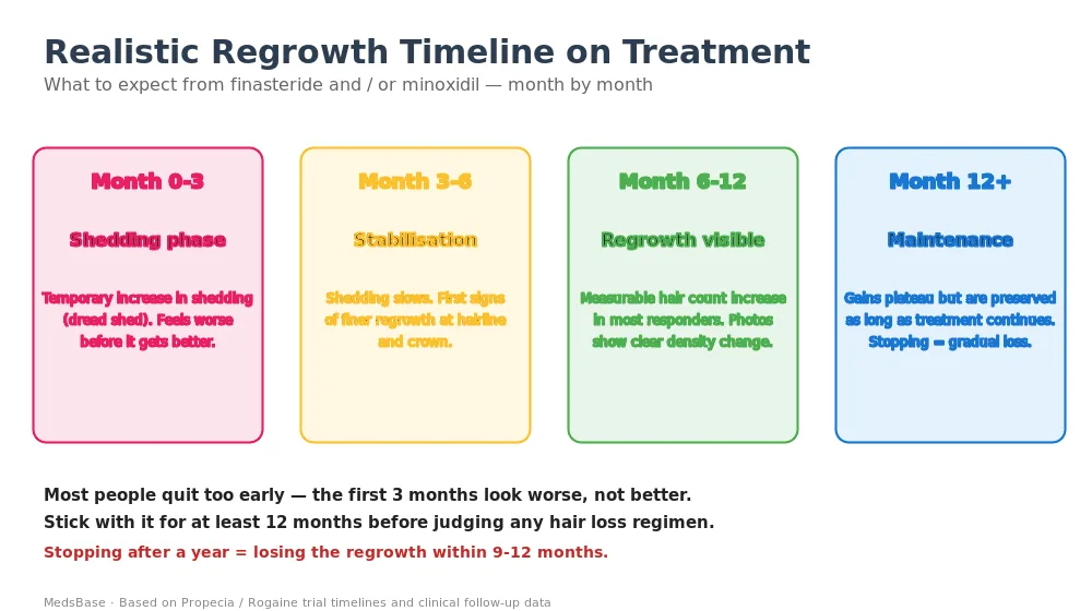 Hair loss treatment regrowth timeline — months 0-3 shedding, 3-6 stabilisation, 6-12 visible regrowth, 12+ maintenance