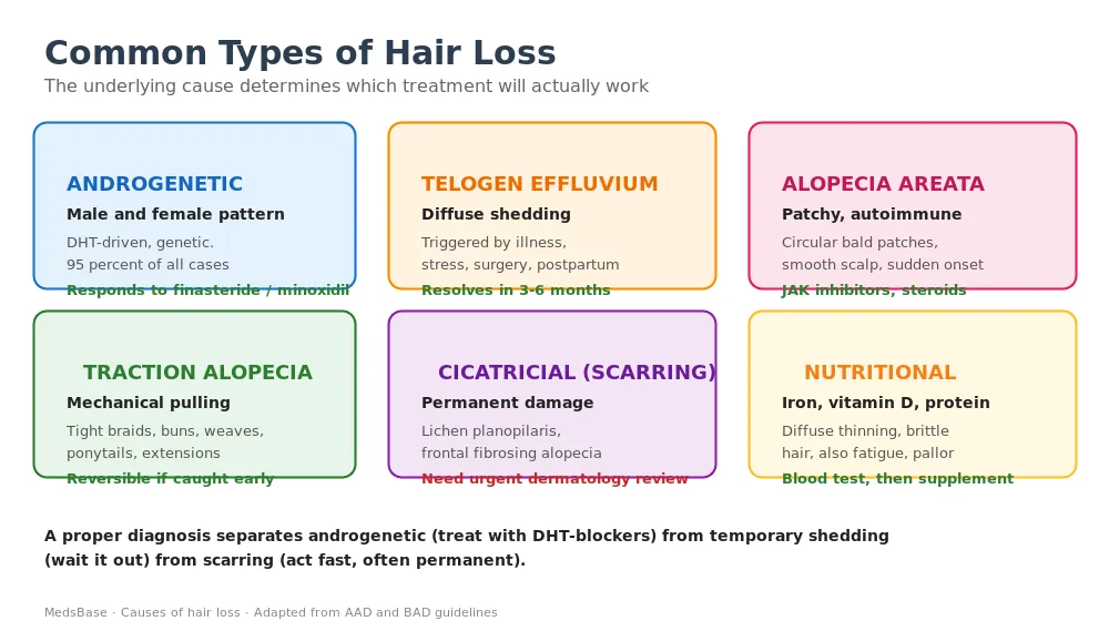 Six common types of hair loss — androgenetic alopecia, telogen effluvium, alopecia areata, traction, cicatricial, nutritional