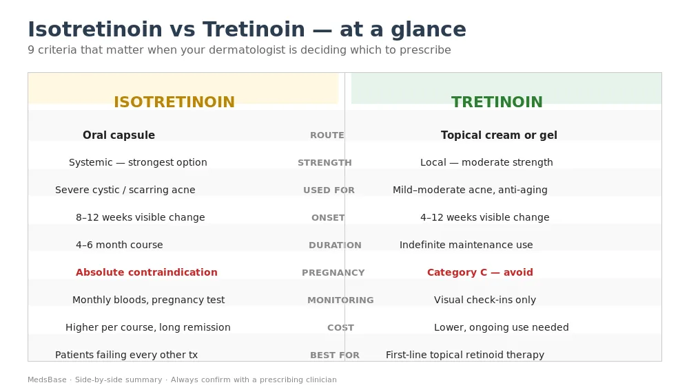 Isotretinoin vs tretinoin side-by-side comparison chart across nine criteria