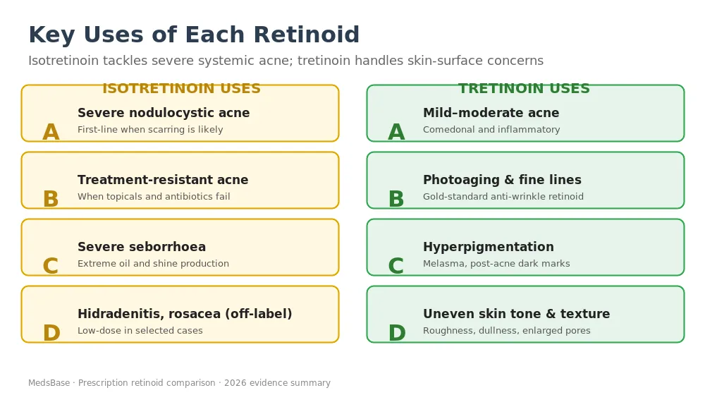 Isotretinoin vs tretinoin key uses and clinical applications infographic
