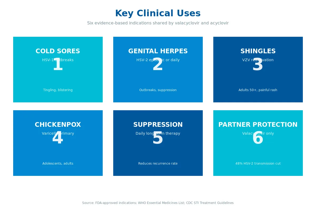 Valacyclovir and acyclovir clinical uses infographic cold sores shingles herpes