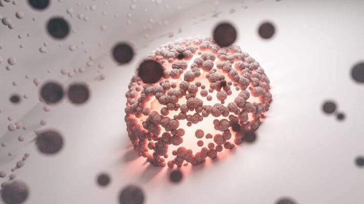 Abstract cellular structure with glowing core — mitochondrial research