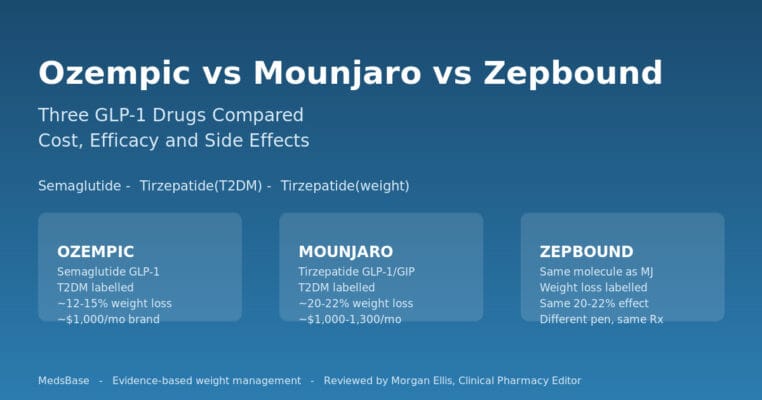 Ozempic vs Mounjaro vs Zepbound three-way comparison — cost, efficacy, side effects