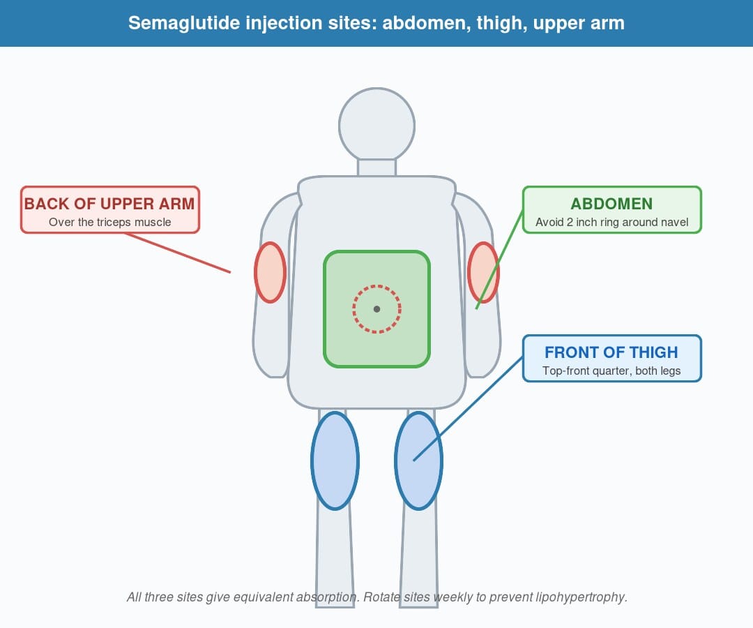 Diagram of the three semaglutide injection sites on a body silhouette — abdomen (green), front of thigh (blue), back of upper arm (red)