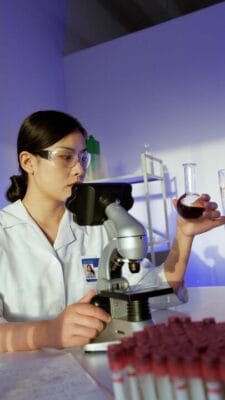Female scientist examining sample under microscope — GHRH research