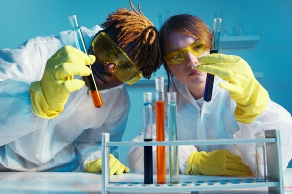 Two researchers in protective lab equipment inspecting sample tubes during peptide research