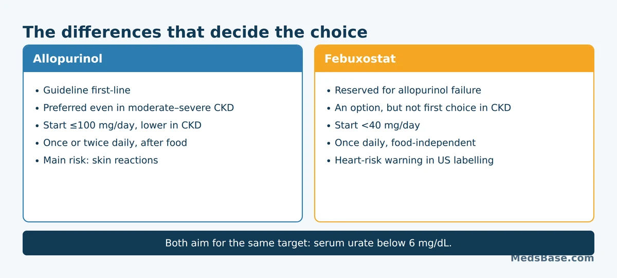 Key differences between allopurinol and febuxostat: dosing, kidney use and safety warnings
