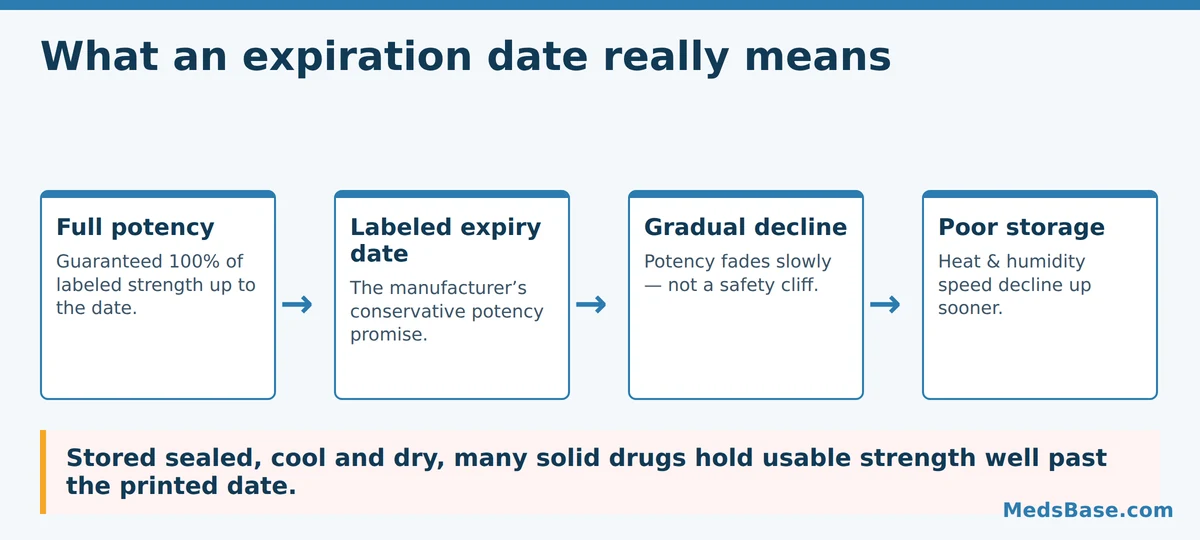 An expiration date marks guaranteed full potency; potency then declines gradually, faster in poor storage