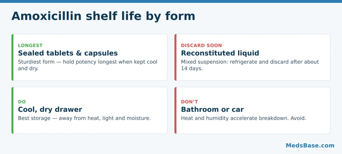 Amoxicillin shelf life by form: sealed tablets last longest; mixed liquid suspension discard after 14 days