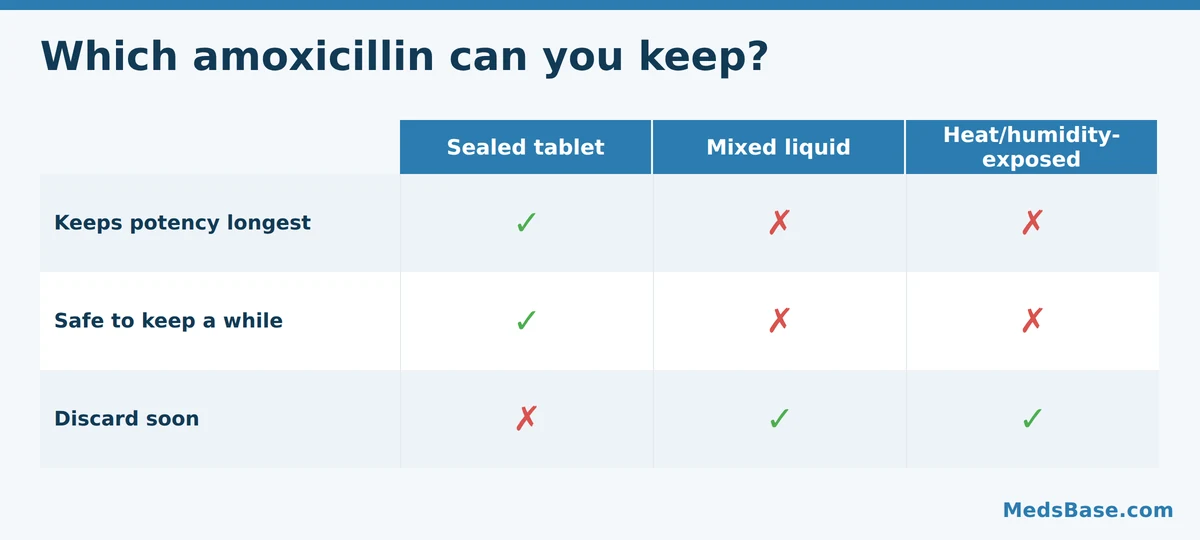 Amoxicillin storage compared: sealed tablets keep potency longest; mixed liquid should be discarded soon