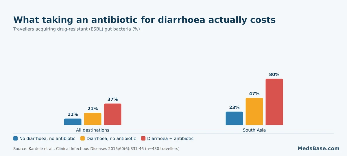 Chart showing travellers who took antibiotics for diarrhea acquired resistant gut bacteria far more often, up to 80 percent in South Asia
