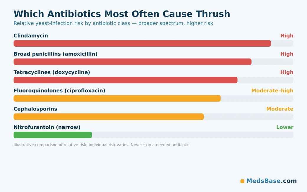 Which antibiotics are most likely to cause a yeast infection, by drug class