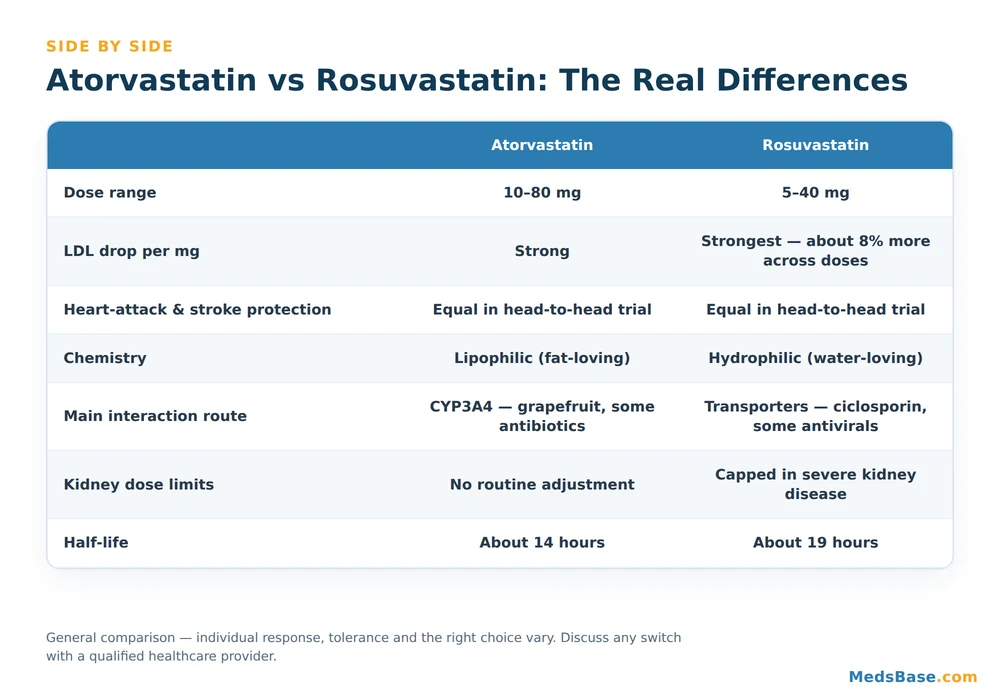 Comparison table of atorvastatin vs rosuvastatin potency, interactions and dose limits
