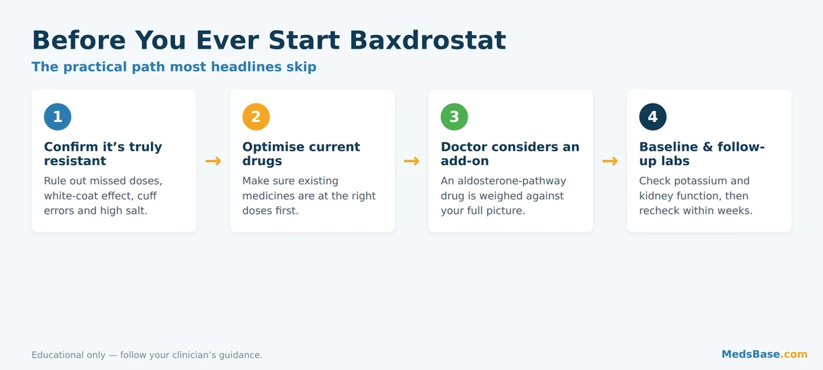 Steps before starting baxdrostat for resistant hypertension including potassium testing