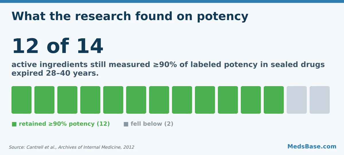 12 of 14 active ingredients retained at least 90 percent potency in medications expired 28 to 40 years