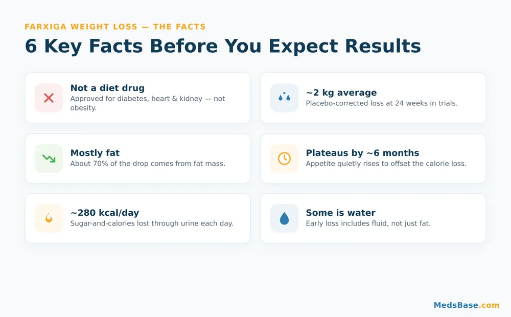 Farxiga weight loss key facts: not a diet drug, ~2 kg average, mostly fat, plateaus