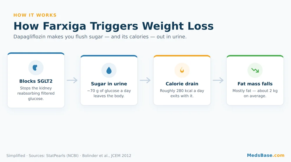 How Farxiga weight loss works: SGLT2 block, glucose in urine, calorie drain, fat loss