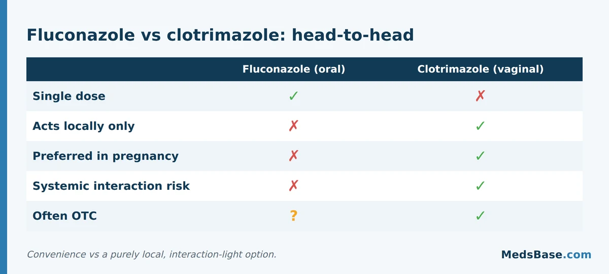 Fluconazole vs clotrimazole head-to-head grid: dosing, local action, pregnancy and interactions