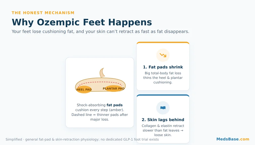Foot fat pad diagram showing heel and plantar cushioning that thins with weight loss