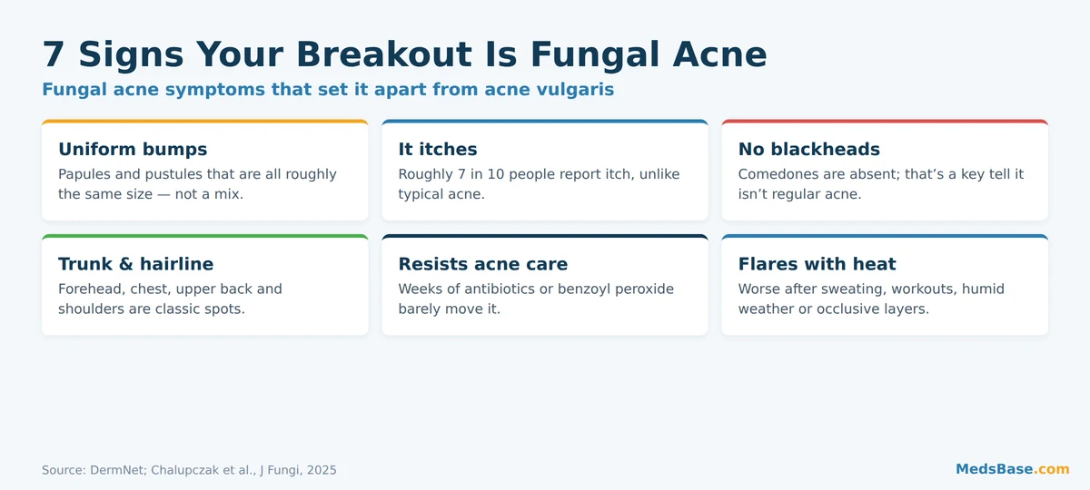 Infographic of seven fungal acne symptoms that distinguish it from acne