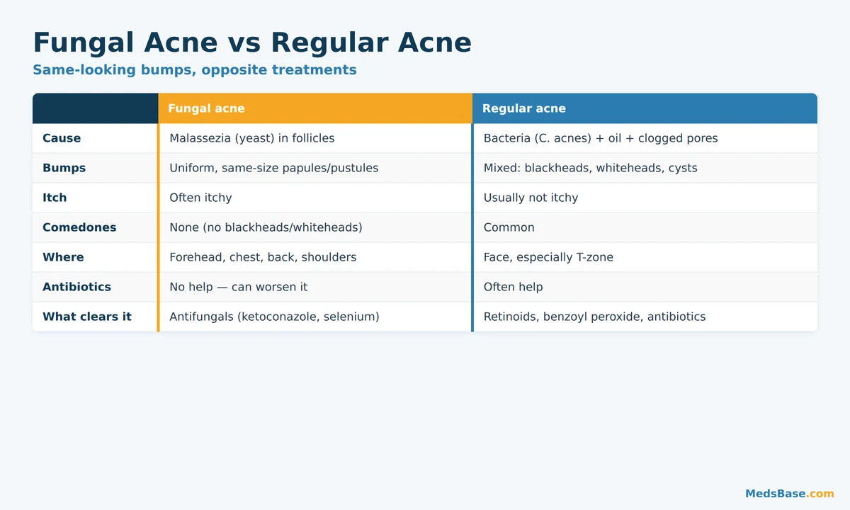 Fungal acne vs regular acne comparison of cause, bumps, itch and treatment