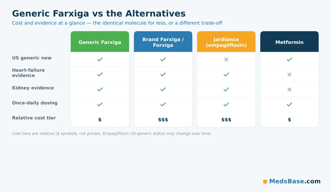 Comparison grid of generic Farxiga versus brand Farxiga, Jardiance and metformin across cost and evidence