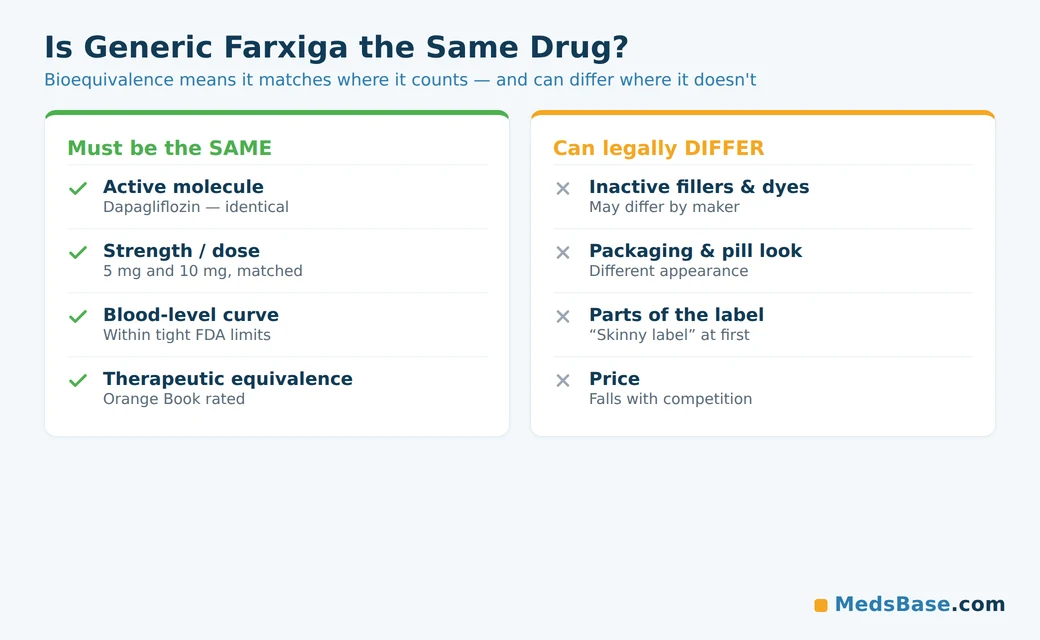 Diagram of generic Farxiga bioequivalence: same molecule, dose and blood levels; fillers, packaging and price may differ