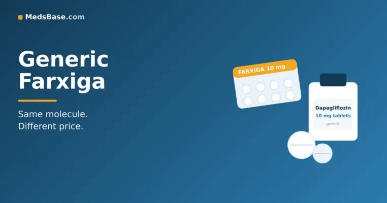 Generic Farxiga and brand-name dapagliflozin 10 mg tablets side by side, showing the identical dose