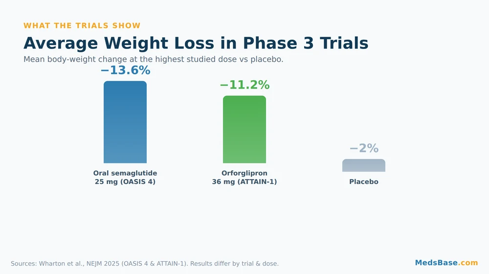Chart of GLP-1 pills weight loss results in phase 3 trials
