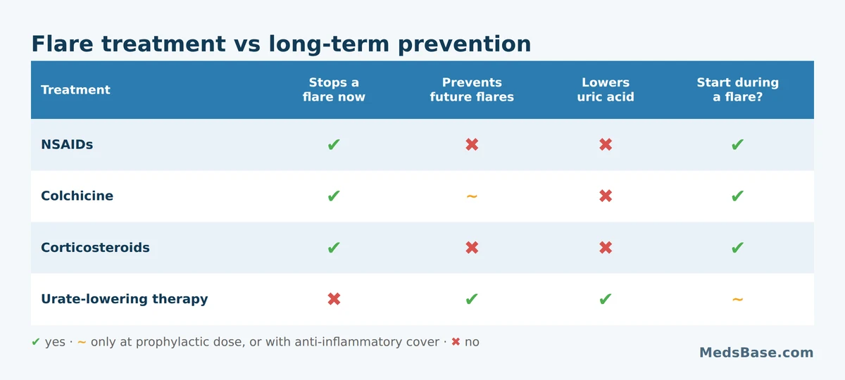 Gout attack treatment versus long-term prevention: which drugs do which job