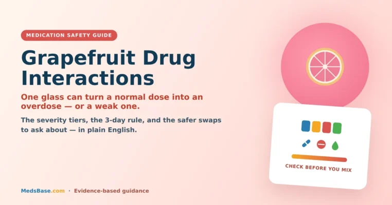 Grapefruit drug interactions guide — halved grapefruit next to a pill organiser and medication leaflet