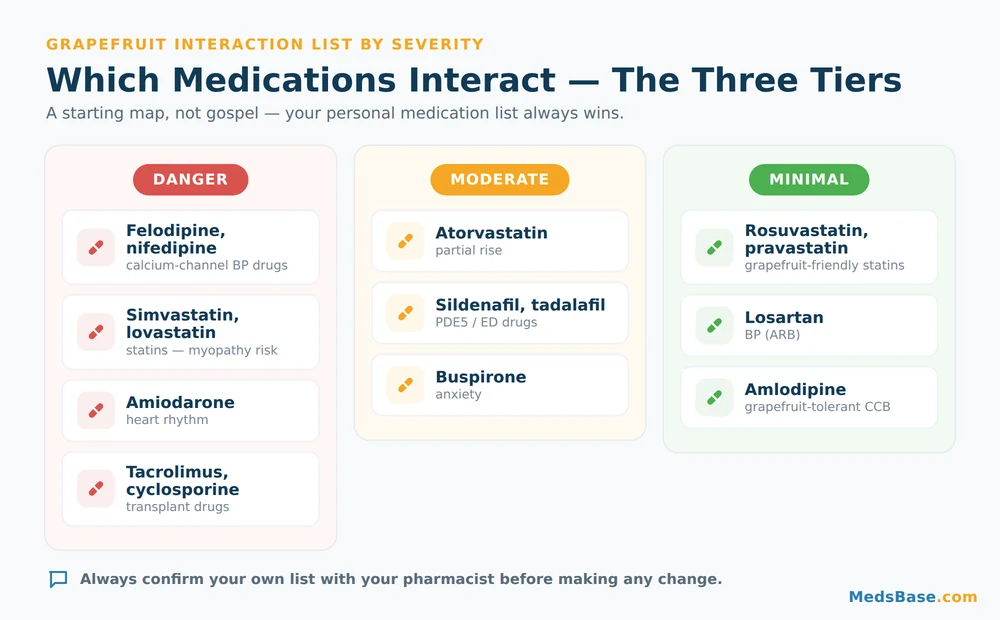Grapefruit interaction list by severity tier — danger, moderate and minimal medications
