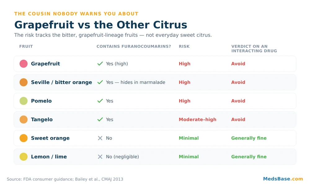 Grapefruit versus Seville orange, pomelo, sweet orange and lemon for drug interaction risk