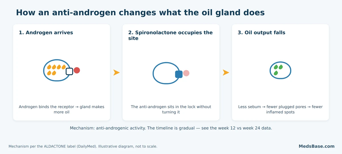 Three-panel diagram showing spironolactone blocking the androgen receptor on an oil gland to reduce sebum