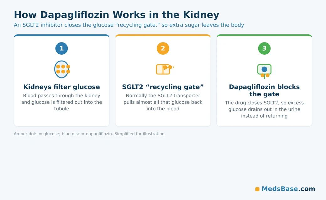 Diagram showing how dapagliflozin blocks SGLT2 in the kidney so excess glucose leaves the body in urine