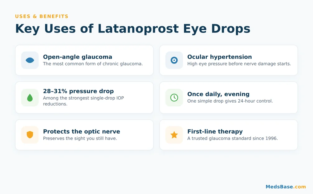 Latanoprost eye drops key uses and benefits infographic for glaucoma and ocular hypertension
