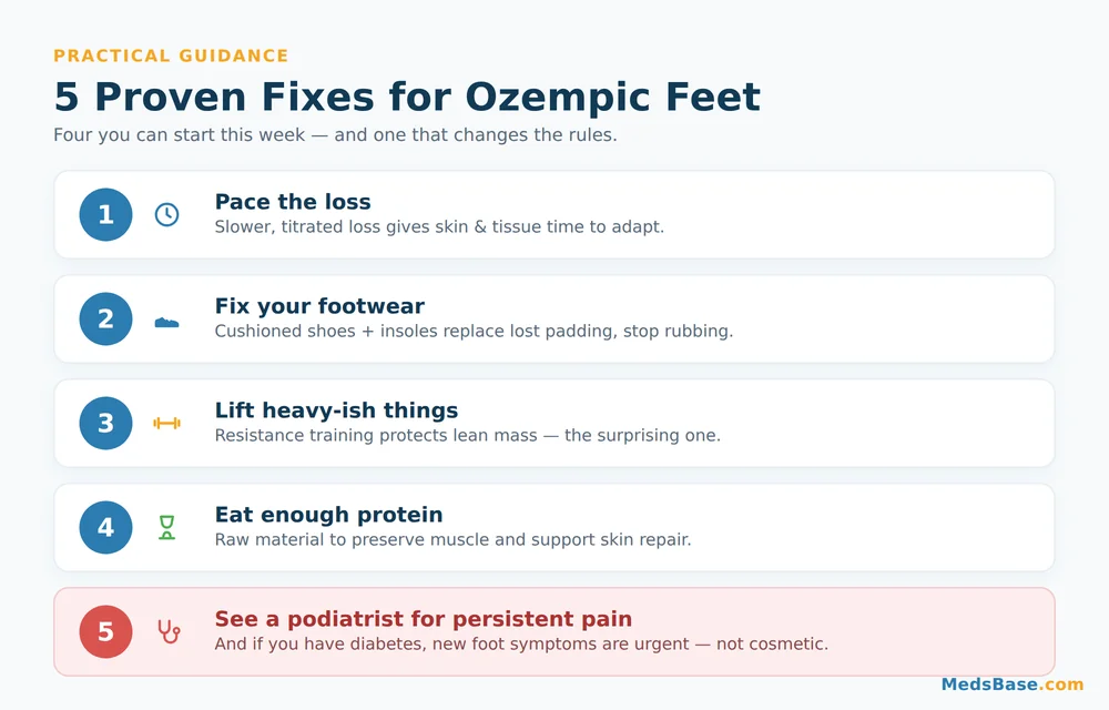 Five steps to manage Ozempic feet: pacing, footwear, strength, protein, podiatrist