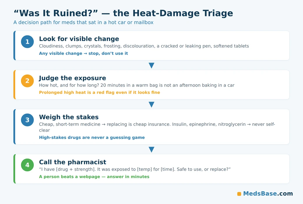 Was it ruined triage flowchart for heat-exposed medication — visible change, exposure, stakes, pharmacist