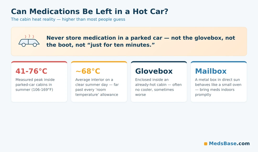 Can medications be left in a hot car — parked-car cabin temperatures reach 41 to 76 Celsius