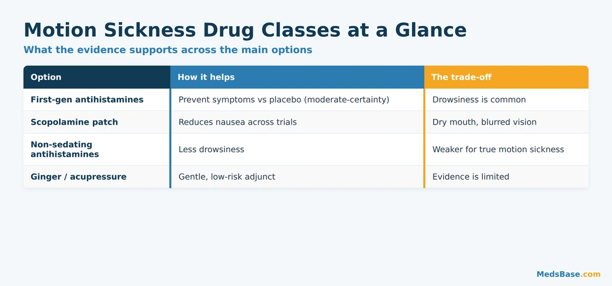 Motion sickness medication classes compared with alternatives