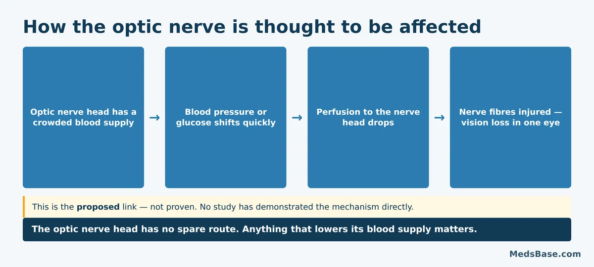 How reduced blood flow to the optic nerve head is thought to cause NAION