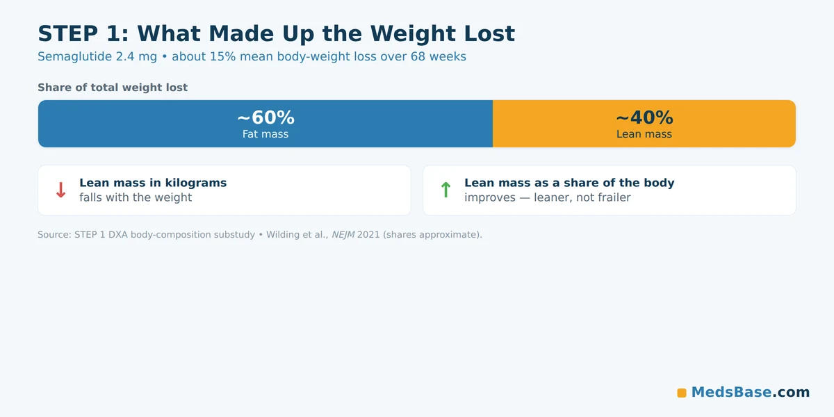 STEP 1 chart: about 40% of the weight lost was lean mass, key ozempic muscle loss data