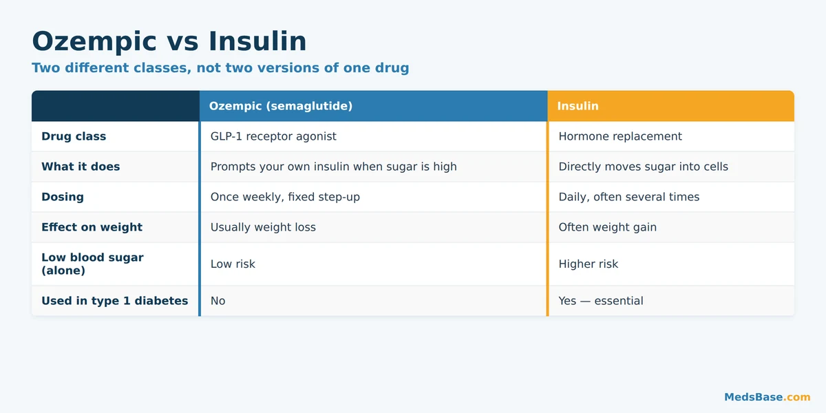 Ozempic vs insulin comparison chart of drug class, dosing, weight and hypoglycaemia risk