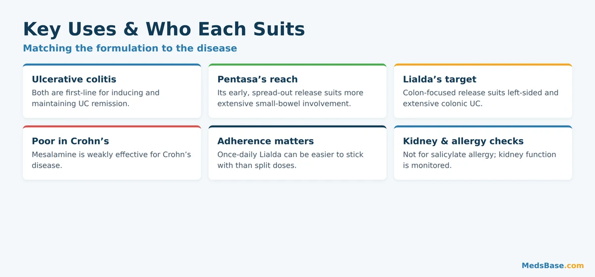 Key uses and who each suits in the Pentasa vs Lialda choice