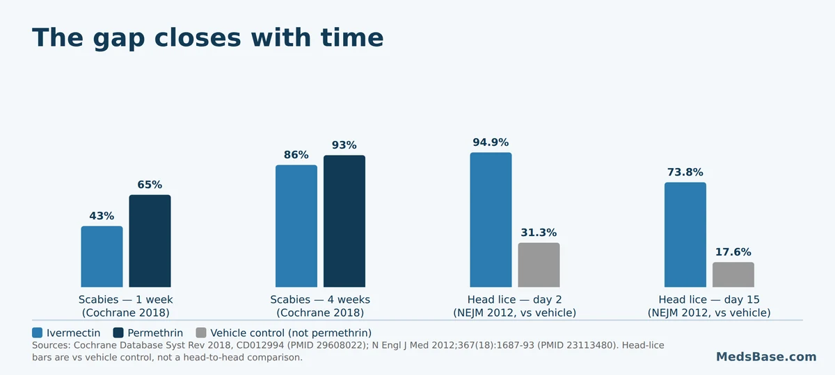 Chart comparing permethrin and ivermectin clearance rates for scabies at one and four weeks