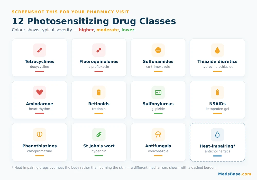 Infographic of 12 photosensitizing drug classes that cause sun sensitivity
